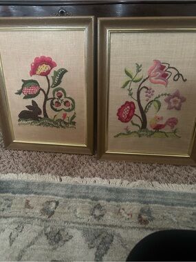 Floral Embroidered Framed Art Pair - Pink, Green, Brown. Selling as a set only.
